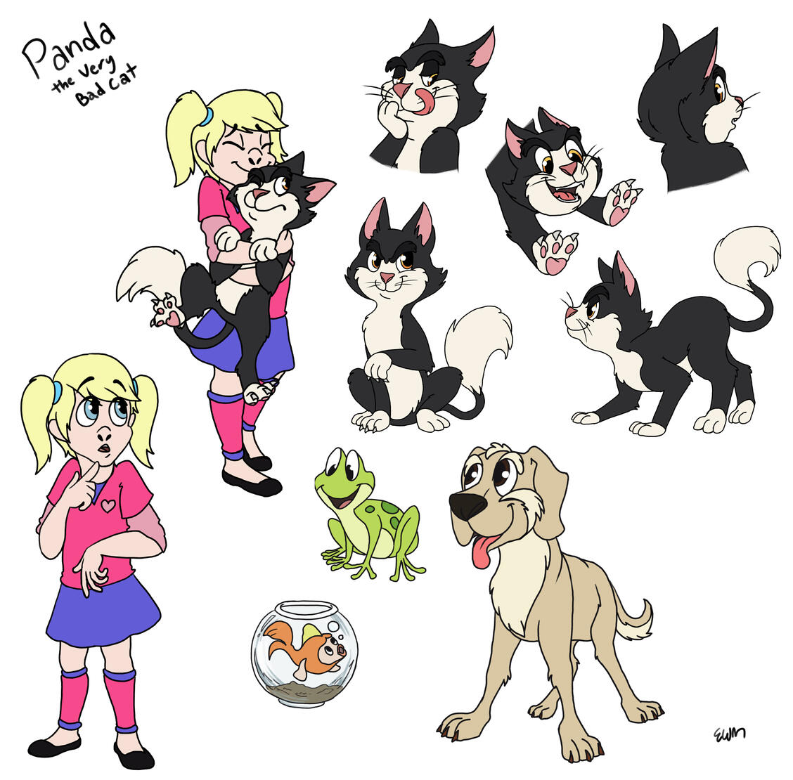 Cartoon character designs of a little girl and her black rascal cat. There is also a frog, dog and fish.