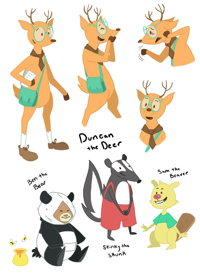 Cartoon character designs of a nerdy deer named Duncan and his friends, Stinky the skunk, a brown bear dressed as a panda bear named Ben, and Sam the beaver.
