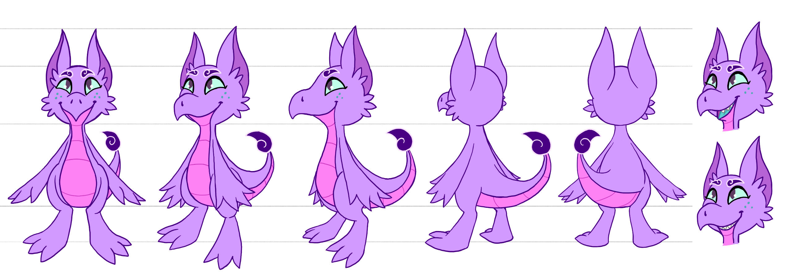 Character turnaround designs of a purple cartoon dragon.