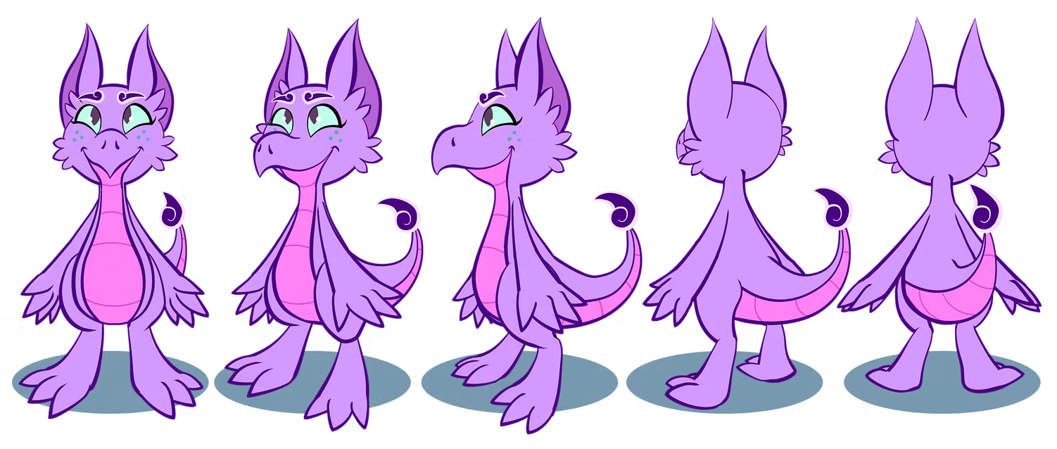 Character turnaround rig of a purple cartoon dragon.