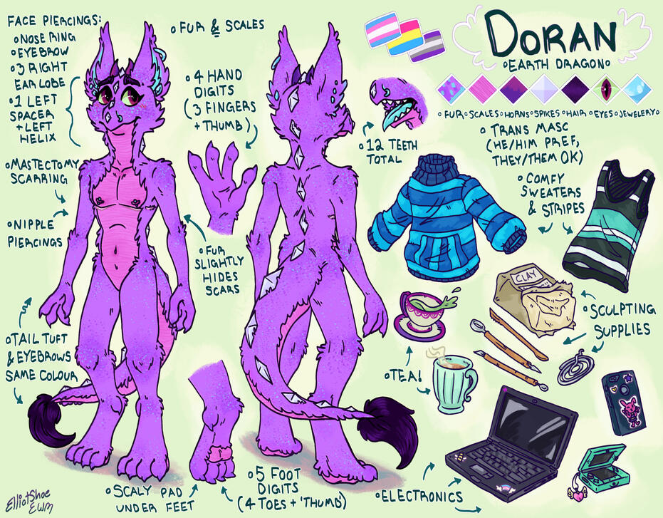 A reference sheet for a purple anthropomorphic dragon.