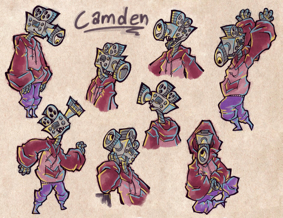 A character sheet for a robot with an old-fashioned camera for a head.