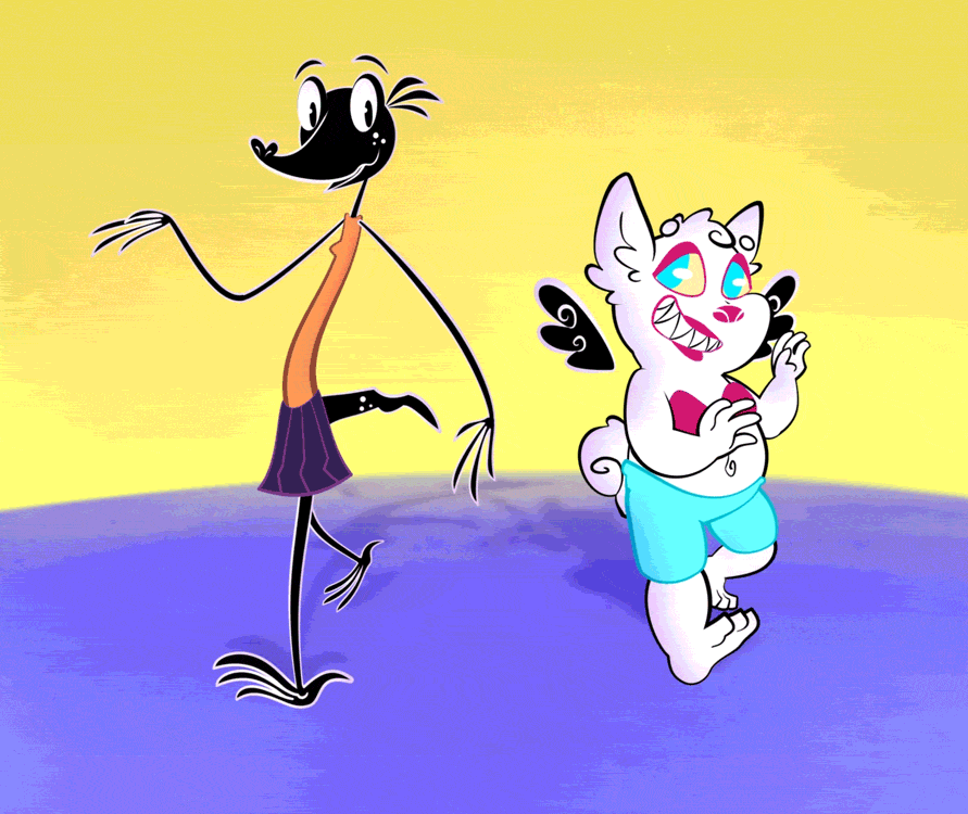 A gif of two cartoon monster characters walking forward. A tall black lizard and short fluffy white bear.
