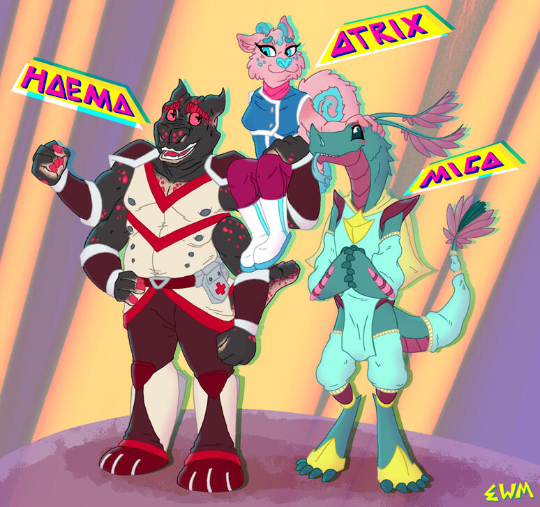 A drawing of three alien friends. One is big, dark and hippo-like, one is pink and squirrel-like, and the other is green and dragon-like.