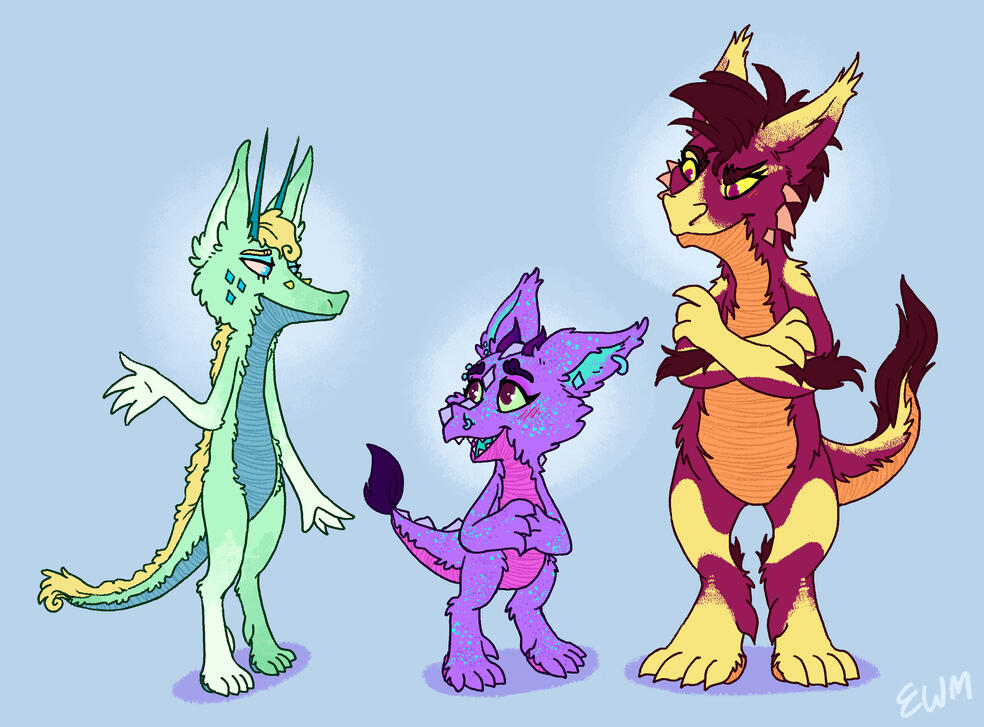 A drawing of three little dragons. A taller minty coloured one, a tiny purple one, and a larger red one.