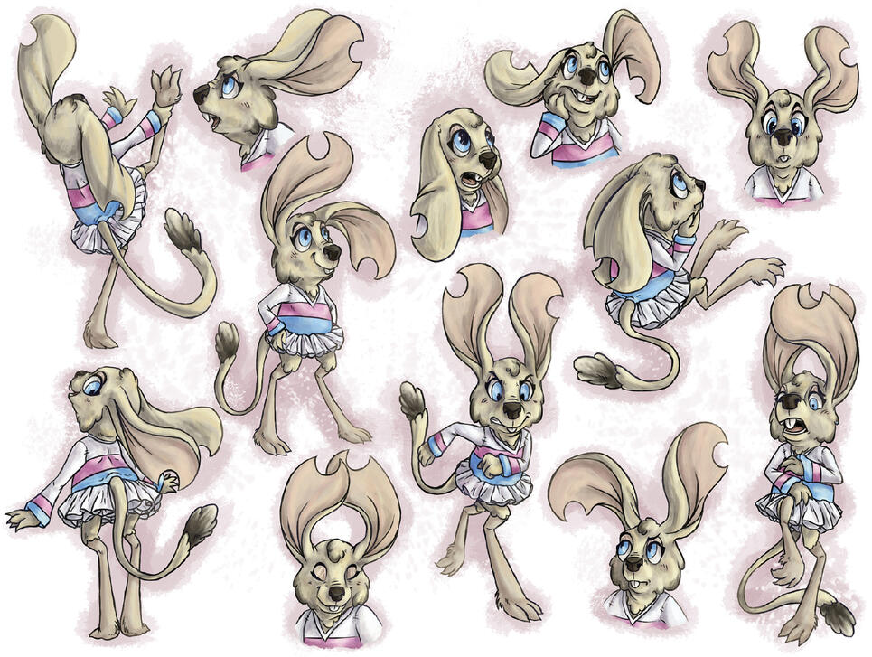 A collection of drawings of an anthropomorphic jerboa in a trans flag themed outfit.
