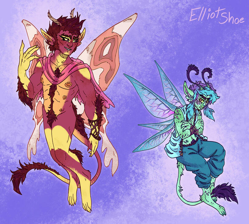 A drawing of two fairies. One is larger and red with a smirk on his face, the other is small and green with a grumpy expression.