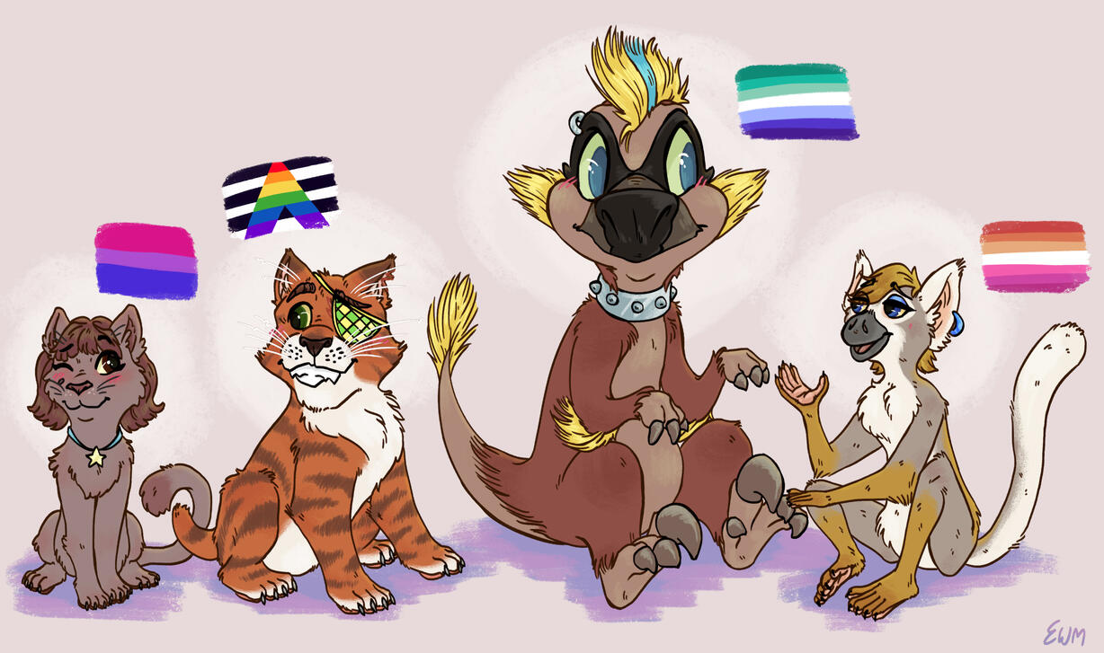 A drawing of fours animals next to pride flags. A brown cat with a bisexual flag, a orange tabby cat with an ally flag, a velociraptor with a gay men flag, and a squirrel monkey with a lesbian flag.