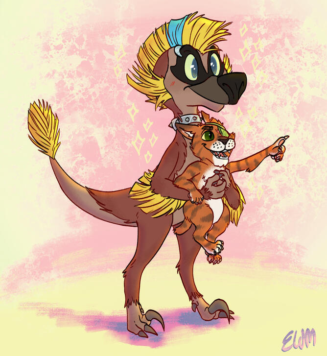 A drawing of a punkish velociraptor holding a scraggly orange tabby cat with an eyepatch.