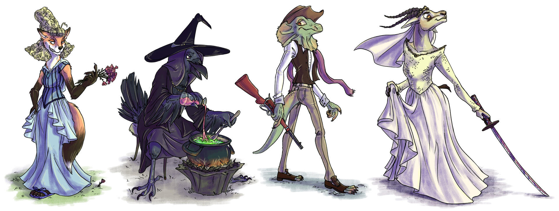 Four anthropomorphic characters wearing period styled clothing. A victorian fox, a witch crow, a cowboy frilled-neck lizard, and a bride gazelle.
