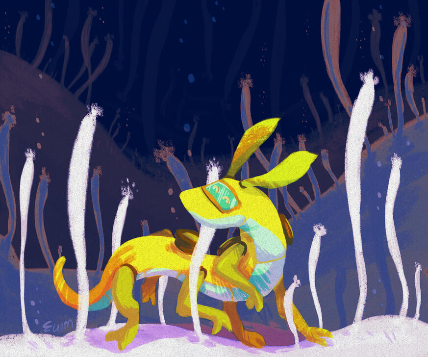 A worm-like alien in a yellow suit in a strange planet environment.