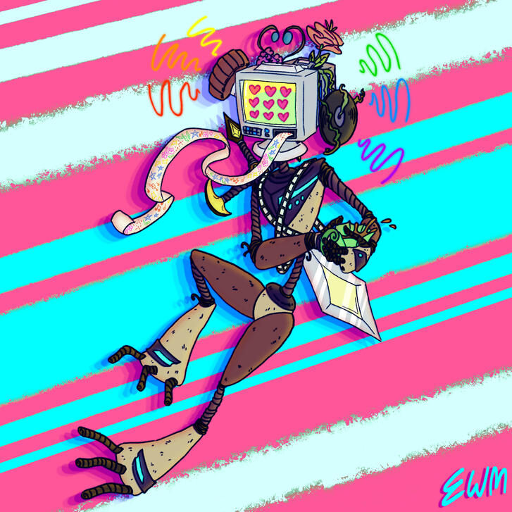 A colourful drawing of a robot with a monitor for a head, wearing several other objects.