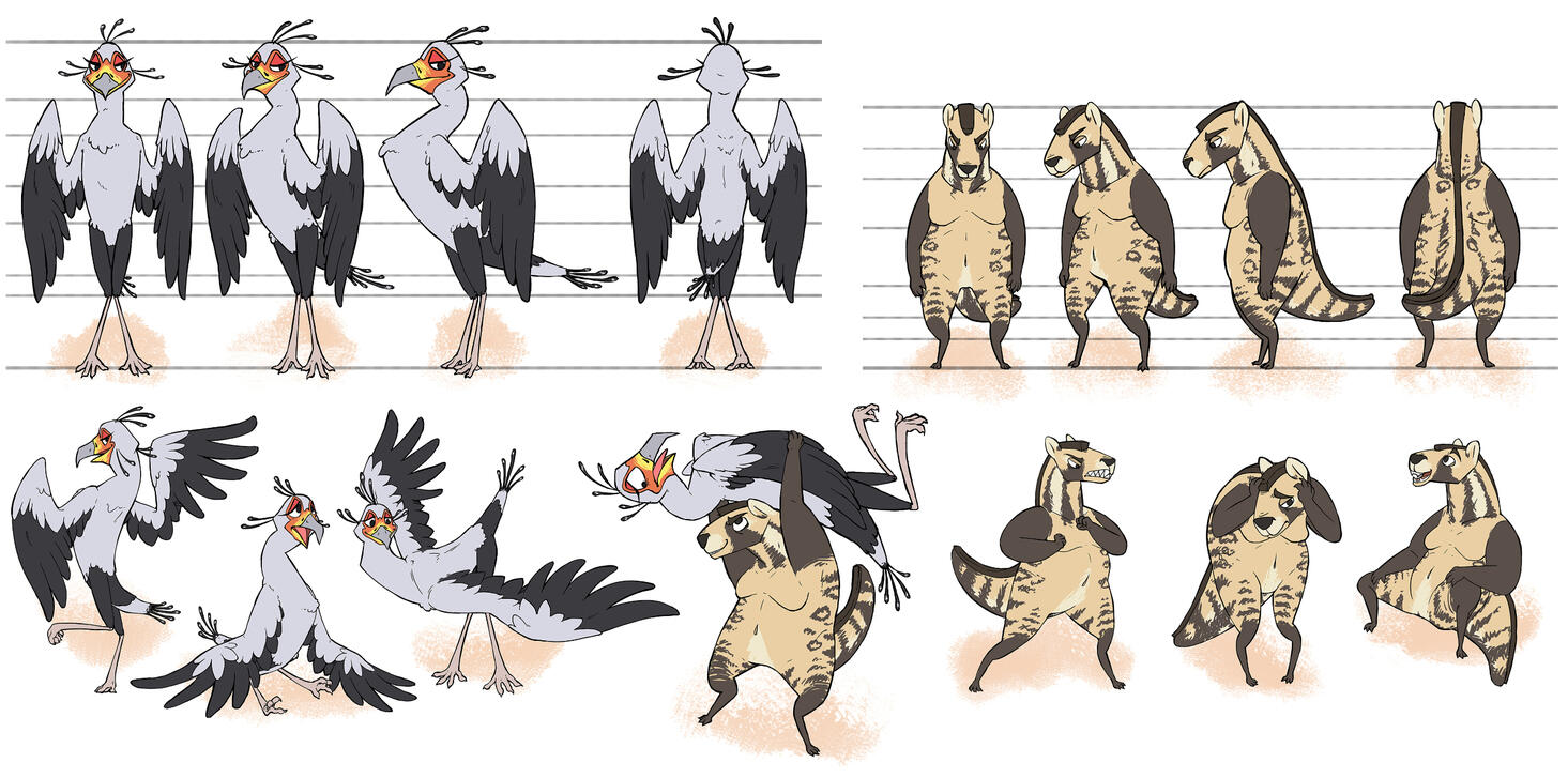 A collection of drawings of two anthropomorphic animals, one is a secretary bird and the other is an African civet.