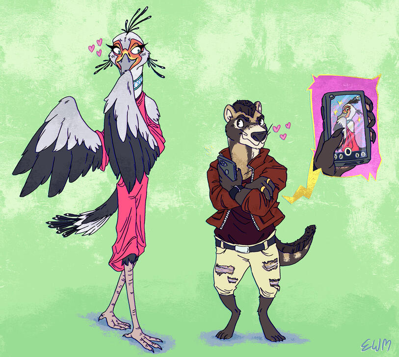 A drawing of two anthropomorphic animals, one is a secretary bird and the other is an African civet. The civet is taking photos of the bird.