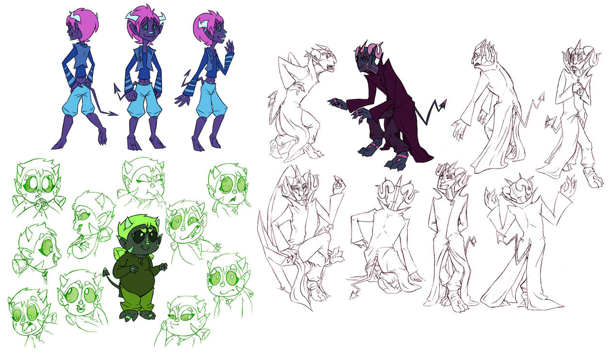 Character sheets for a family of demons, a cheeky older brother, a bratty little sister Chluï, and their evil father!