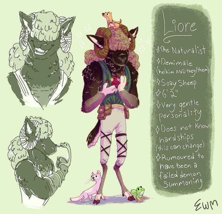 A character information sheet for a sheep-person named Liore. He is big, fluffy and friendly, and is covered in various little animals.