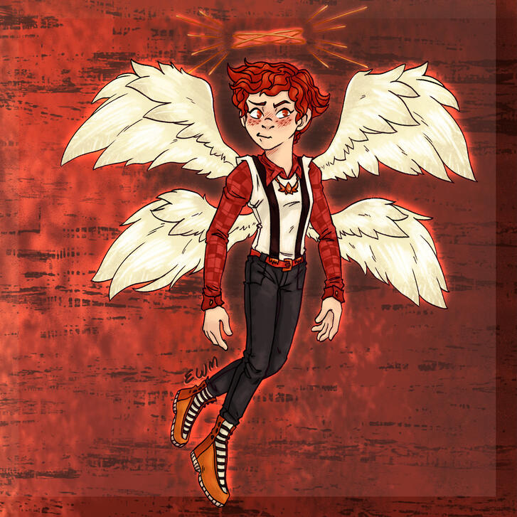 A drawing of an angel dressed in red, white and black. He has a bratty expression on his face. He has four wings with two halos.