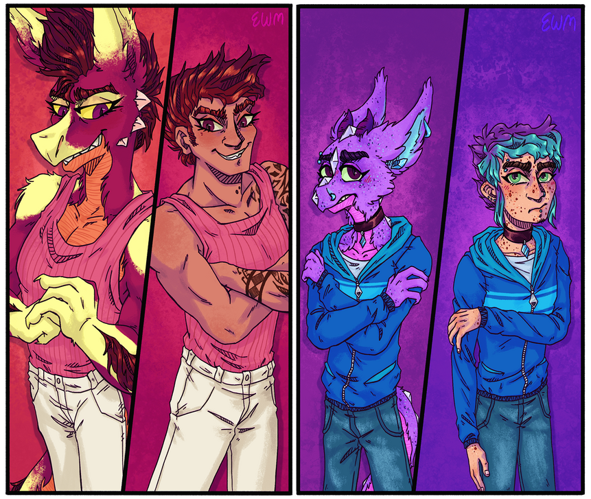 A drawing of two characters, both with anthropomorphic dragon and human designs. A taller mean red one, and a shorter shy purple one.