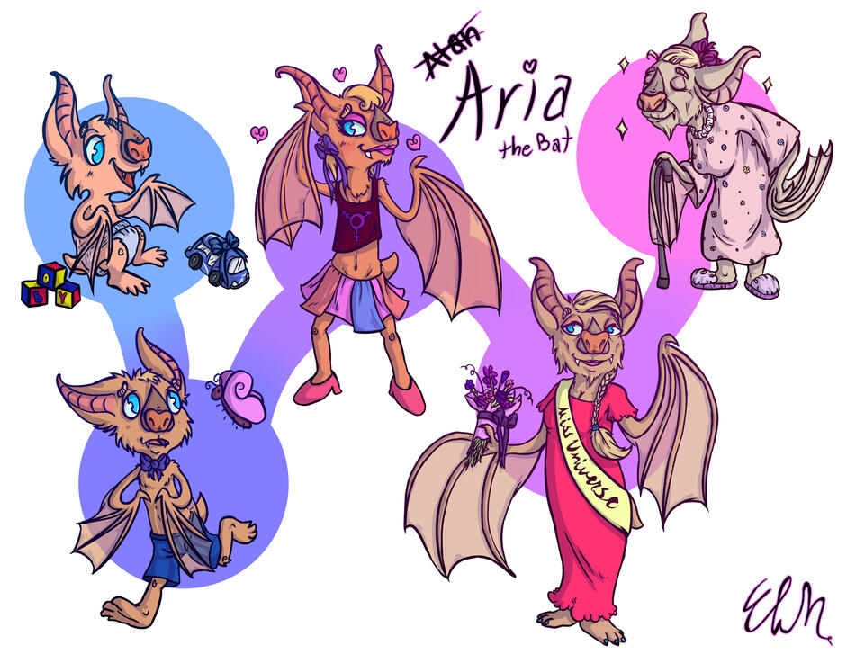 A sequence of drawings of an anthropomorphic bat. The are seen as a young boy until she transitions into a successful older woman.