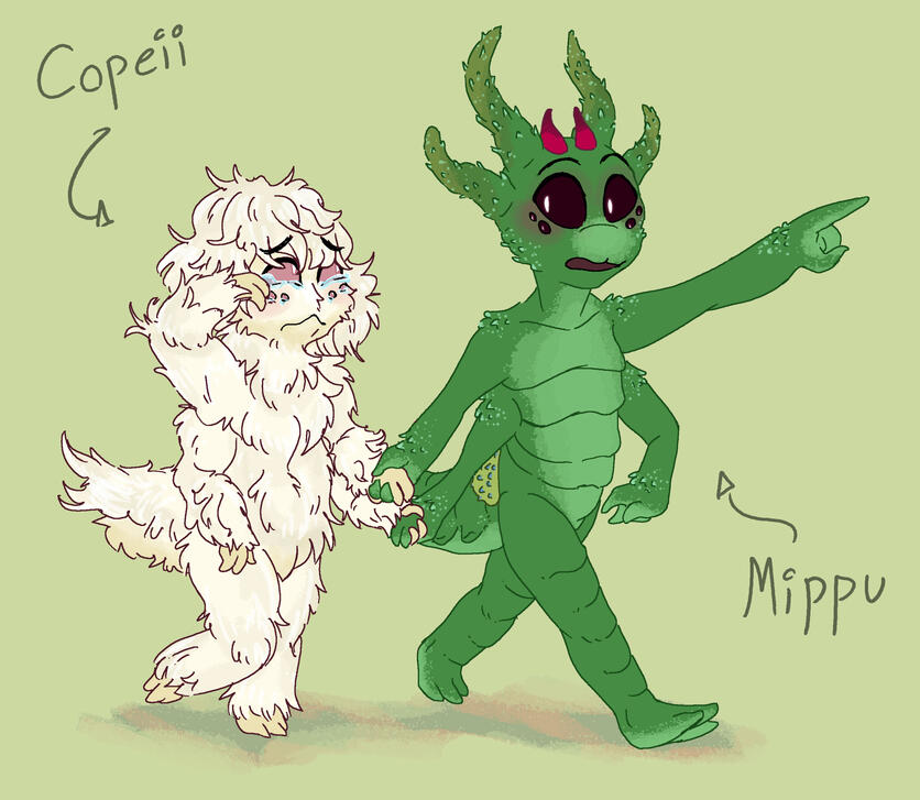 A drawing of two anthropomorphic caterpillars, one is crying while the other urges them both forwards.