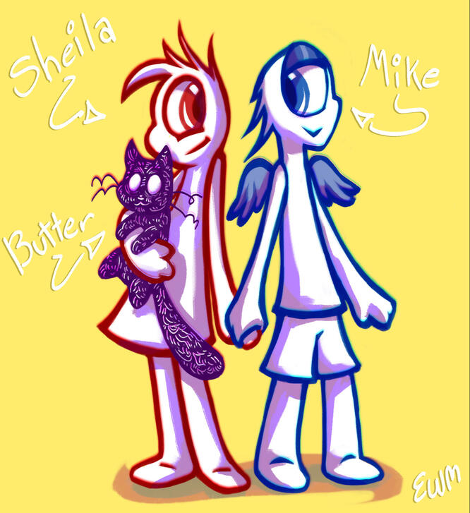 A picture of two cartoon cyclops characters and their scribbly cat.