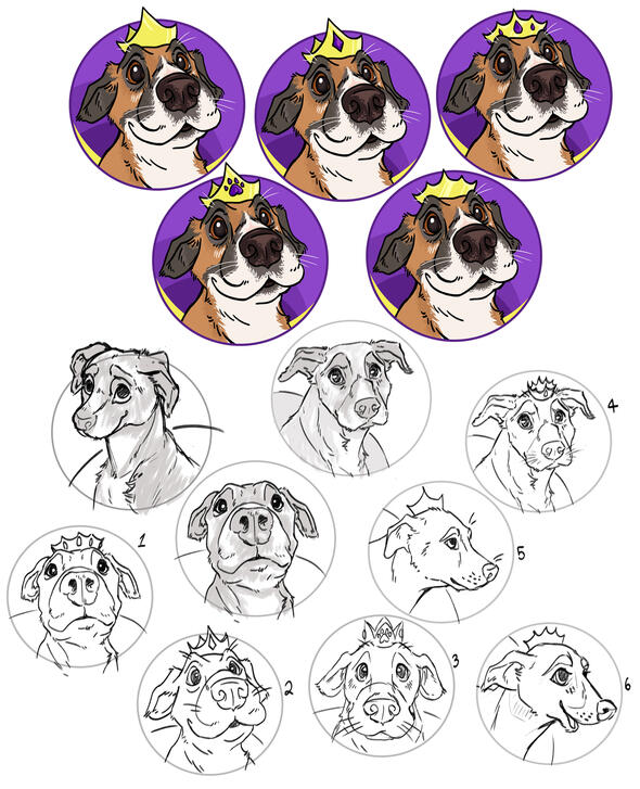 A collection of sketches and images of a logo that is a dog's head. They're all varied slightly.