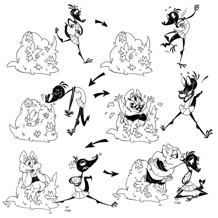 A short series of black and white drawings of a tall and thin cartoon lizard girl passing by a bush. The lizard's short and round bear -like girlfriend bursts out of the bush to surprise her, and then gives her startled lizard girlfriend a kiss.