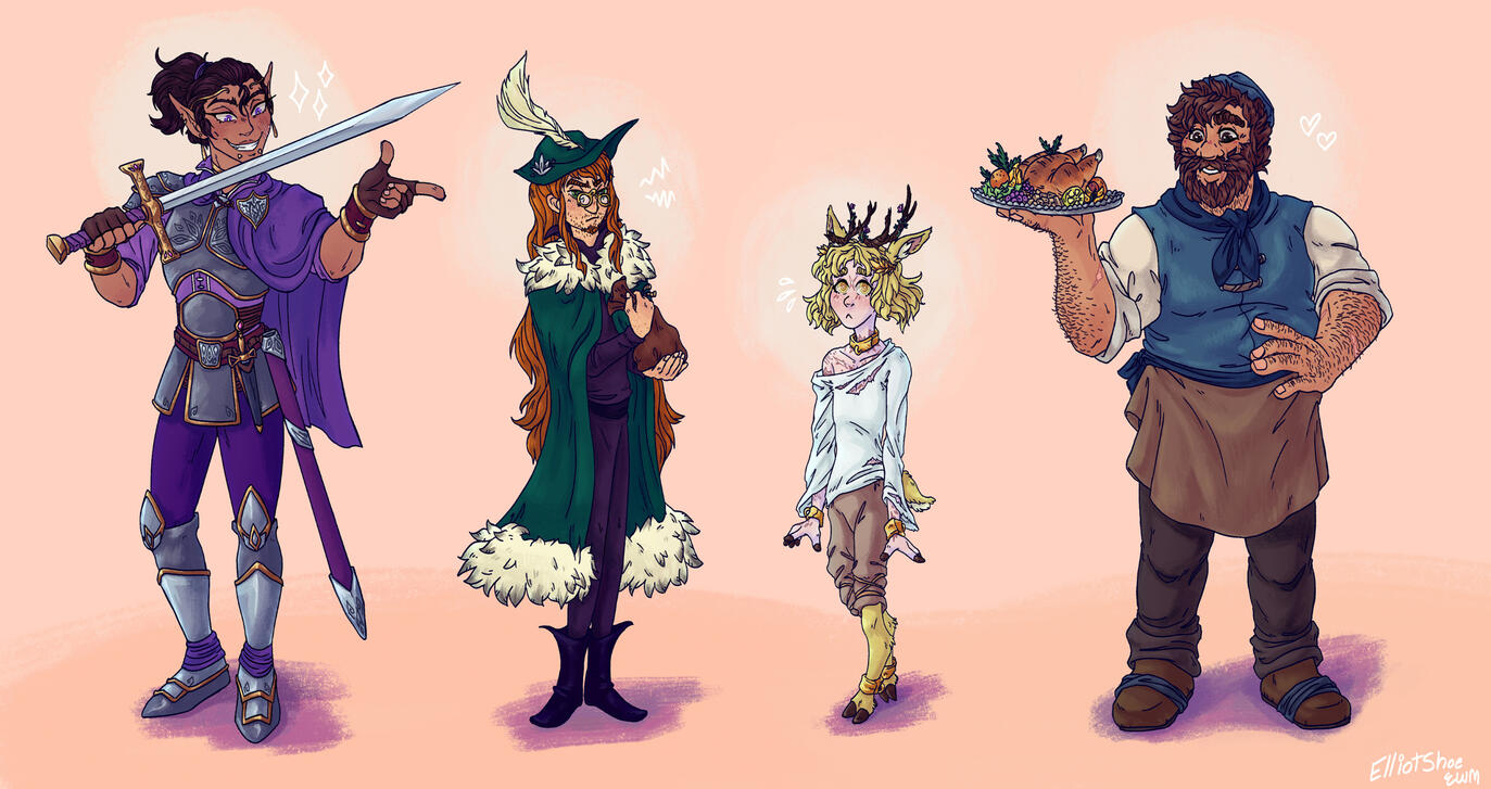 A drawing of a villainous knight, a grumpy merchant, a ghostly deer-person, and a friendly big bear cook.