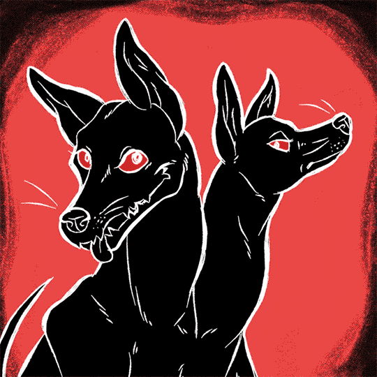 An animated gif of a black dog with two heads panting. Eyes open and close all over its body.