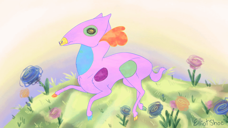An animated gif of a pink deer-like monster creature. It opens its mouth wide and turns its head.