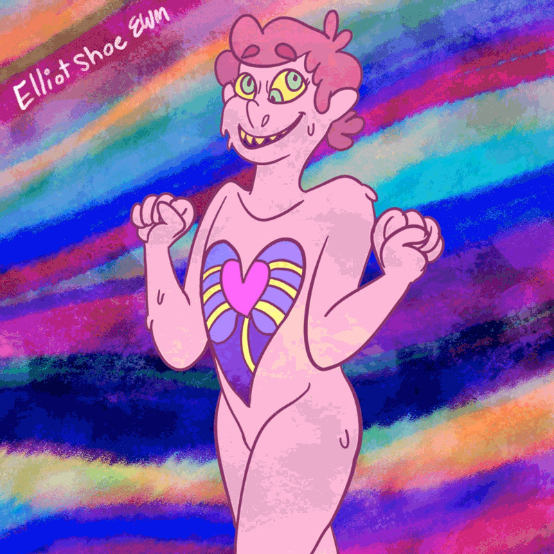 A looping animated gif of a goopy pink person bobbing up and down. His cartoon chest is exposing his heart and ribs, and he has an extra pupil in one eyeball.