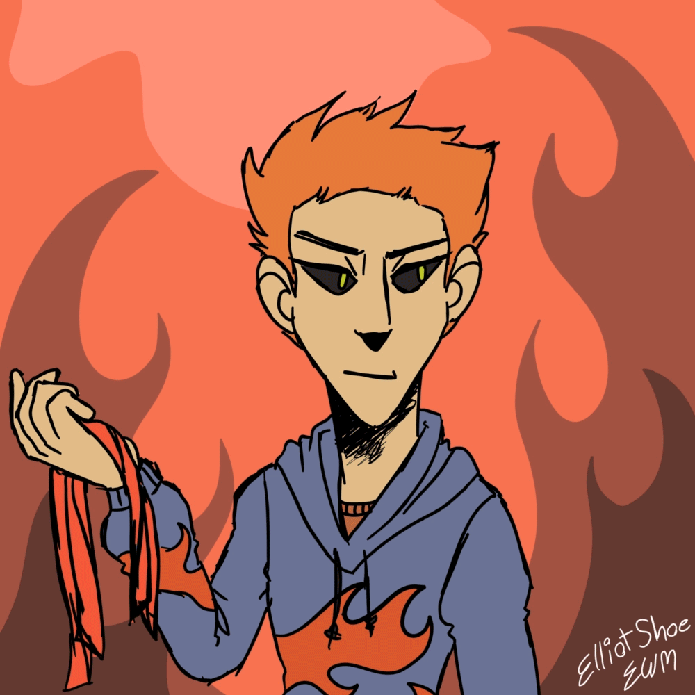 An animated gif of a red haired man holding a torn-off eye bandage. He blinks and smiles, then grows demon horns and glowing eyes.