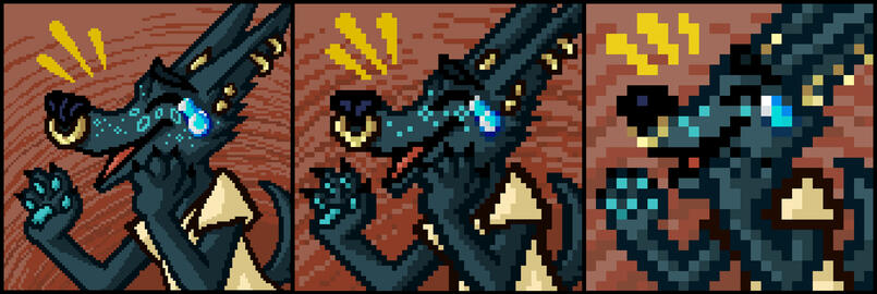 A set of 3 images of a little pixel emoji icon. It depicts a dark teal dog laughing.