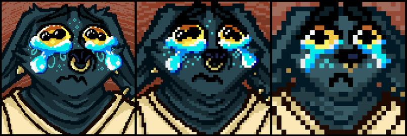A set of 3 images of a little pixel emoji icon. It depicts a dark teal dog with big wet eyes crying.