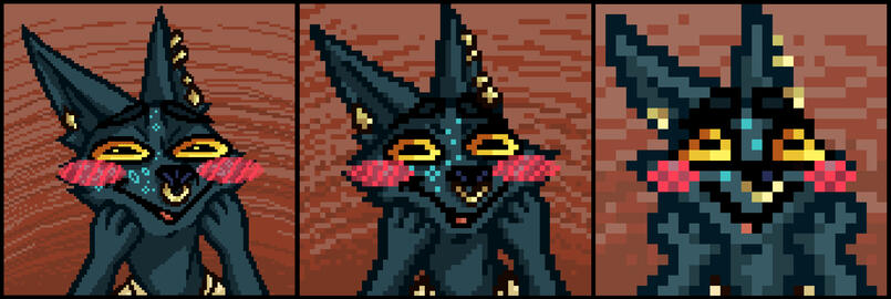 A set of 3 images of a little pixel emoji icon. It depicts a dark teal dog blushing.