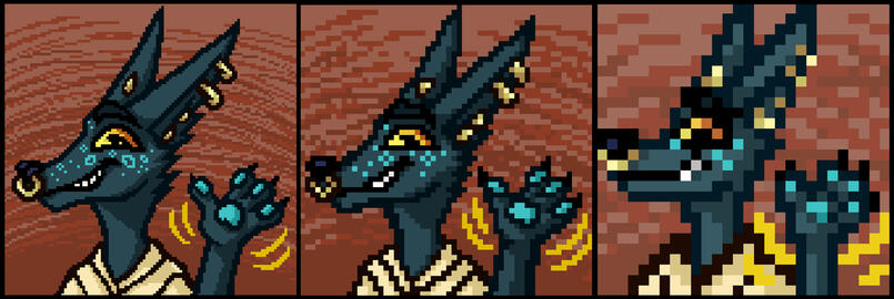 A set of 3 images of a little pixel emoji icon. It depicts a dark teal dog smiling and waving.