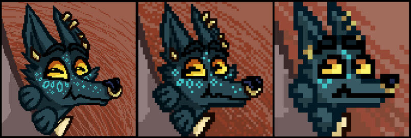 A set of 3 images of a little pixel emoji icon. It depicts a dark teal dog looking around a wall sheepishly.