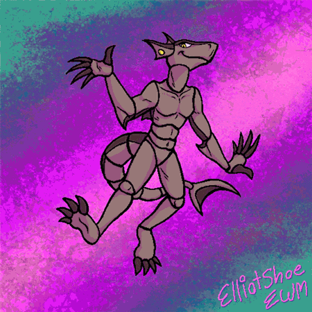 An animated drawing of an anthropomorphic shark who's body is split into many pieces. Each body piece is slowing floating apart and then back together again.