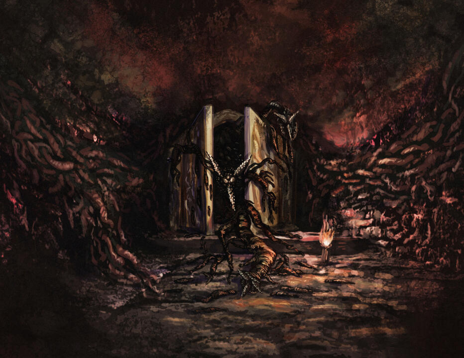 A digital painting of a leech monster in an underground catacomb. It has many dark tendrils spilling past its door, and is very scary.