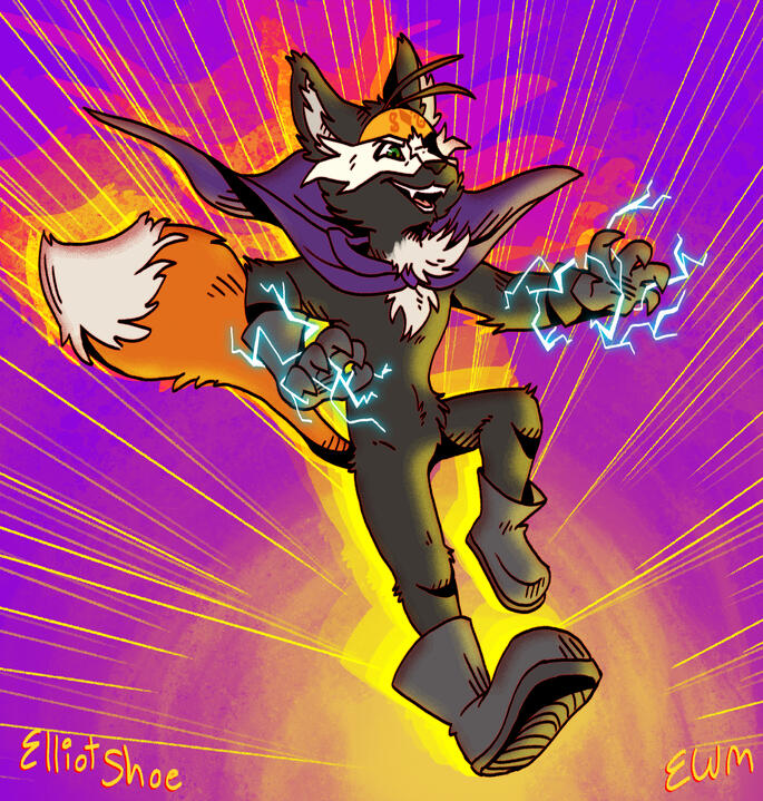 A drawing of a back fox in superhero attire jumping forward. Sparks fly from their hands and the background is full of comic action lines.