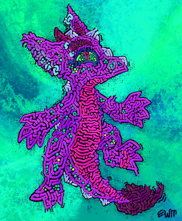 An drawing of a purple dragon character, based on ferro fluid art. The lines are weird and geometric.
