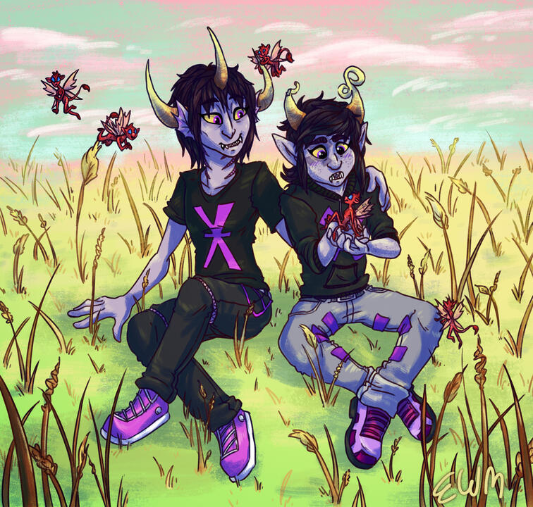 A drawing of two trolls who are fan characters from homestuck. They are sharing a quiet moment together in a field of fairies.