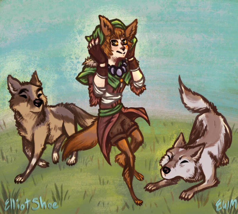 A drawing of a girl with wolf features surrounded by two other full wolves.