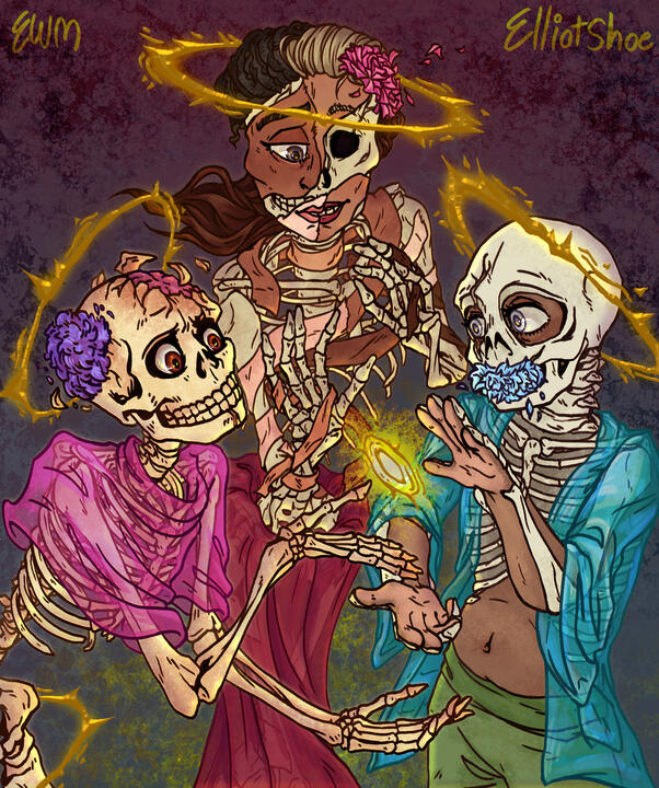 A drawing of three sisters holding a magic circle. Two of them are macabre skeletons, and the third is still alive but wearing skeleton armour.