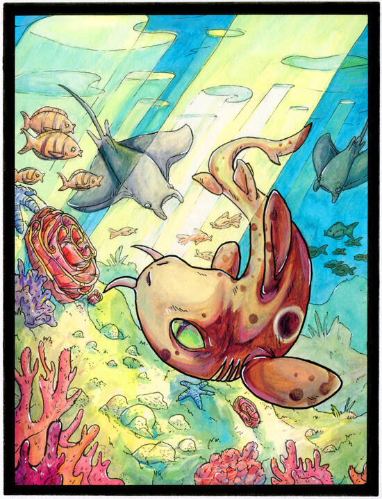 A gouache painting. An epaulette shark is in focus with a background of coral reef.