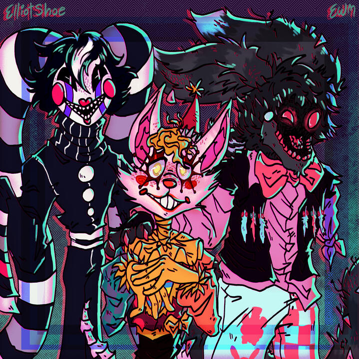 A creepy drawing of three Five Night's at Freddy's fan characters. A marionette, clown fox animatronic, and a big broken rabbit animatronic.