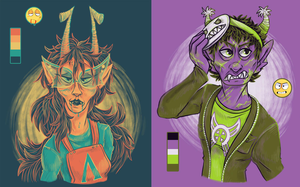 A drawing of two fan troll characters based on Homestuck. They use a limited colour palette and are based on a face emoji.