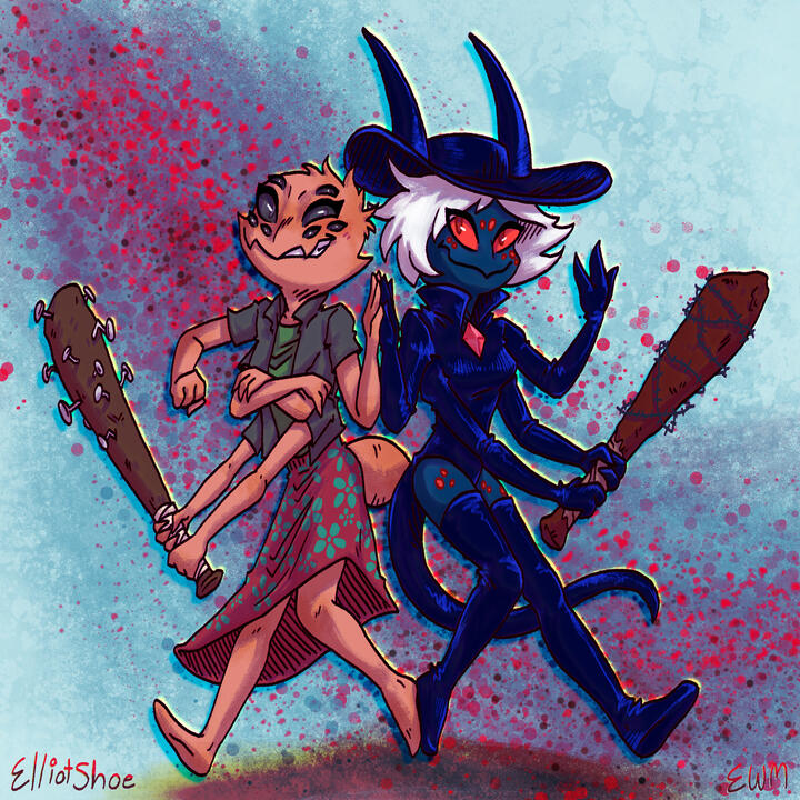 A drawing of two anthropomorphic spider girls. They are dressed up in punk and witch outfits and are holding blunt weapons. They are high-fiving each other.