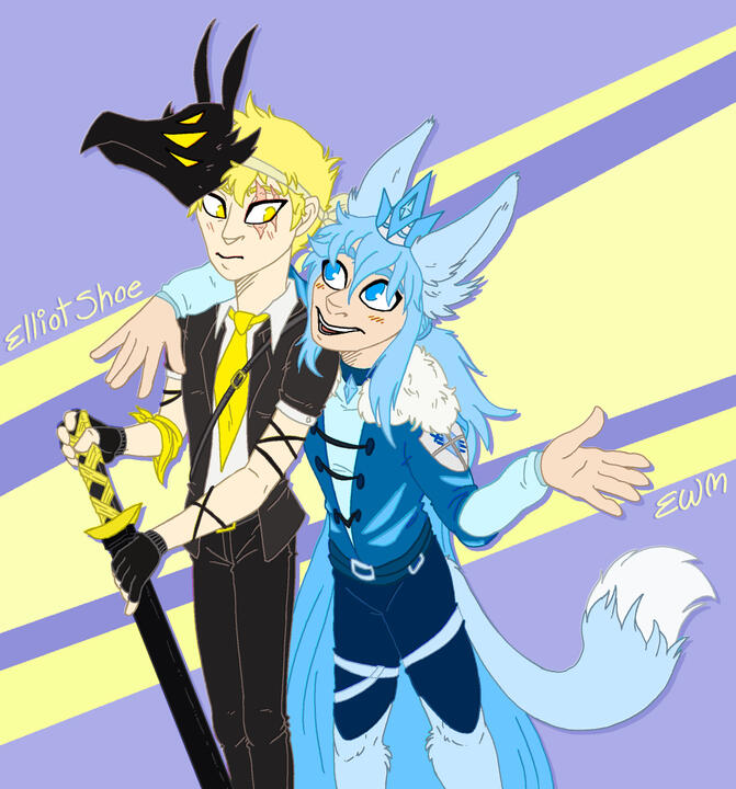 A drawing of two fantasy characters. One is blue and has a fox tail and ears, the other is yellow and has a demon fox mask on his head.