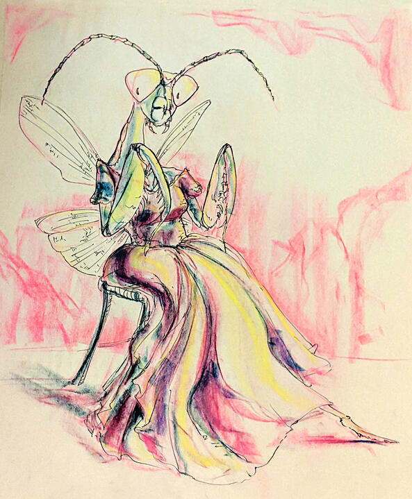 A traditional conte drawing of an anthropomorphic praying mantis in a wedding gown.